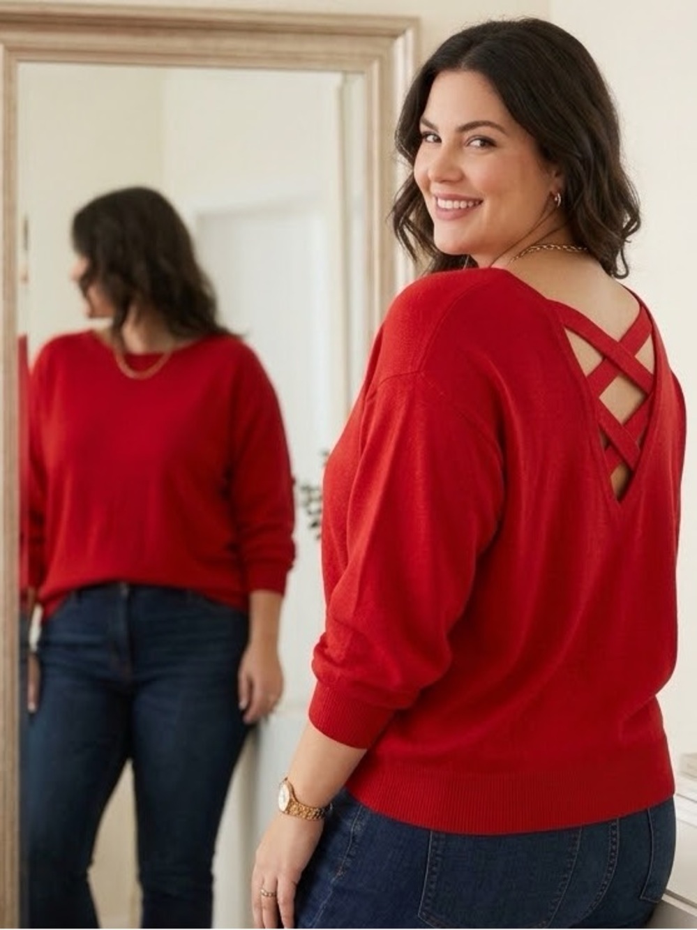 New York & Company Red Criss Cross Back Sweater Large Long Sleeve Pullover Knit